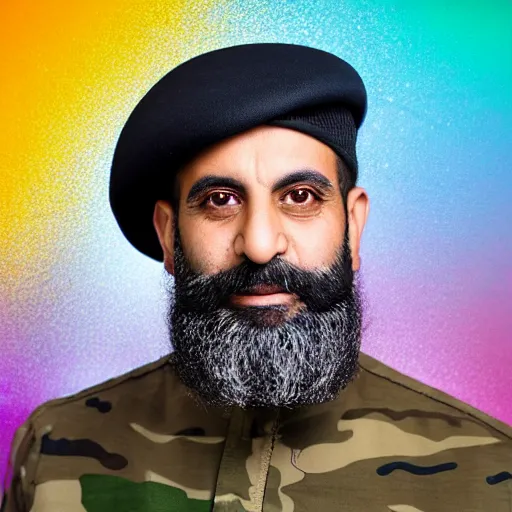 Image similar to professional portrait of a middle aged arab man with a beard wearing military camouflage and a beret, rainbow background, 8 k, very intricate, very detailed,