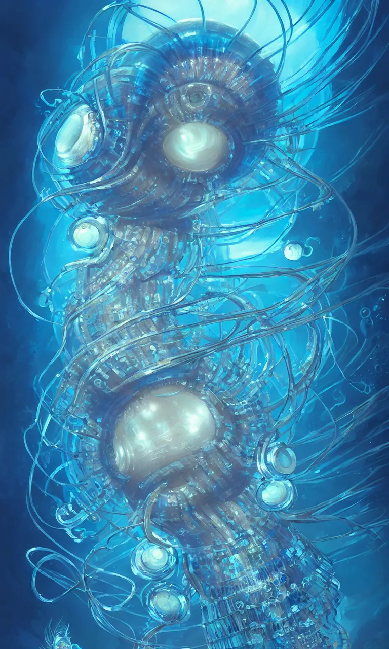 Prompt: hyper detailed painting of a cyberpunk jellyfish, blue tones, underwater, 8 mm, highly detailed, digital painting, artstation, concept art, smooth, sharp focus, illustration, art by artgerm and greg rutkowski and alphonse mucha