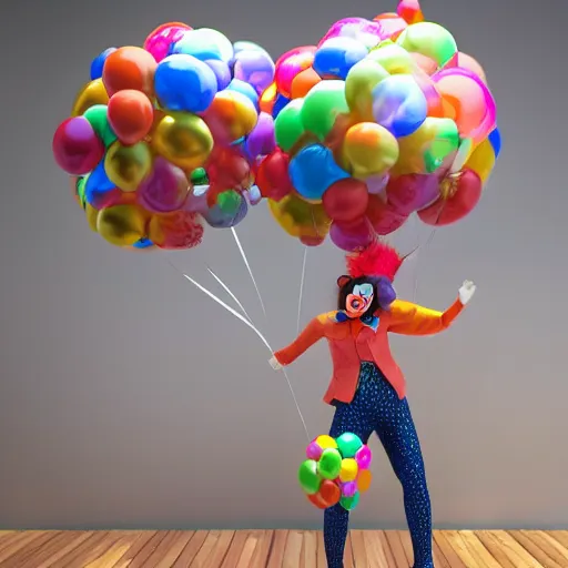 Prompt: female clown: giant smile: and chrome balloons:: in a terrarium:: hyper-realistic, extremely detailed, sharp photo, no blur, octane render, 8K