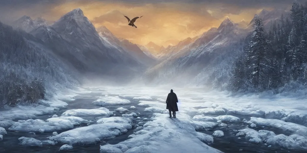 Image similar to A majestic landscape featuring a river, mountains and a forest. A small group of birds is flying in the sky. Harsh winter. very windy. There is a man walking in a deep snow. Cinematic, very beautiful, painting in the style of Lord of the rings
