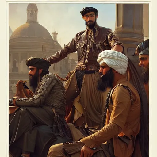 Image similar to portrait of taliban and leather men at gay pride in brighton, real life skin, intricate, elegant, highly detailed, artstation, concept art, smooth, sharp focus, art by artgerm and greg rutkowski and alphonse mucha