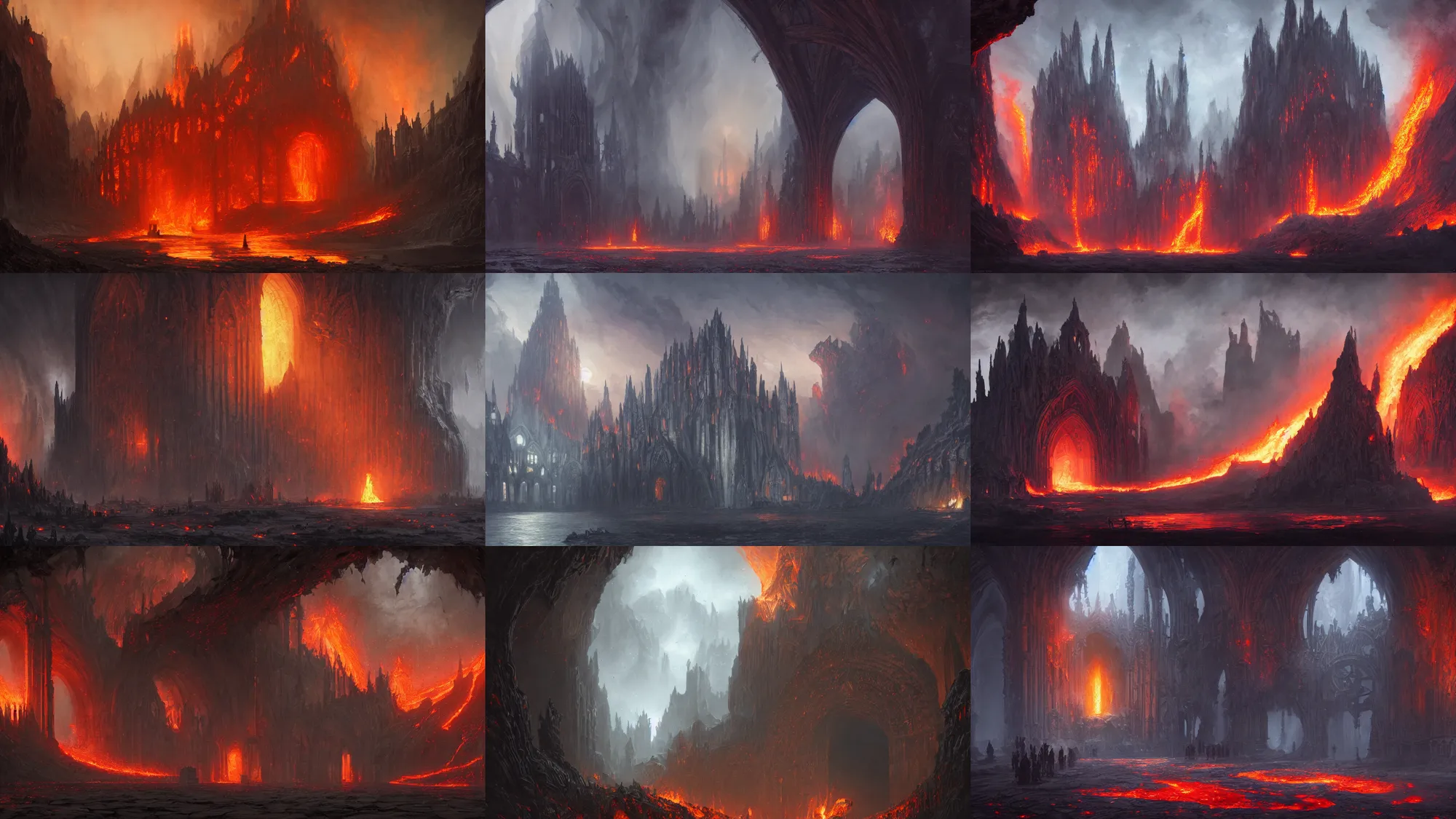 Prompt: a small obsidian gothic cathedral with a giant obsidian door, in the elemental plane of fire, with rivers of lava surrounding it, Dungeon and Dragon illustration, painted by Greg Rutkowski, 4k, trending on ArtStation