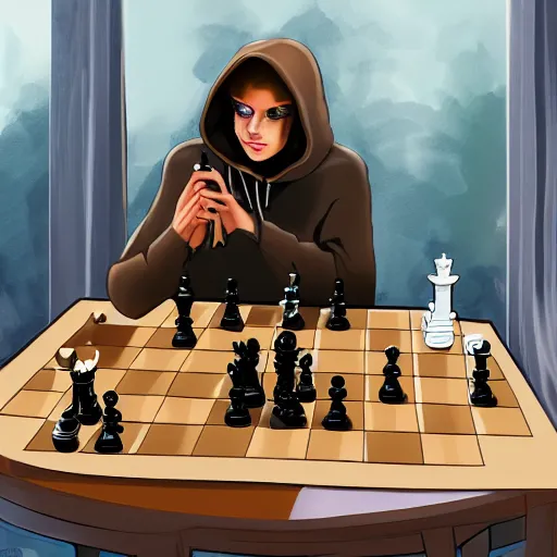 Image similar to death in a black hoodie plays chess with a ginger cat at a table on a sunny veranda, artstation