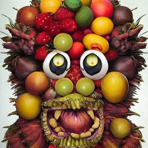 Image similar to giuseppe arcimboldo, fruit monster, new scifi movie