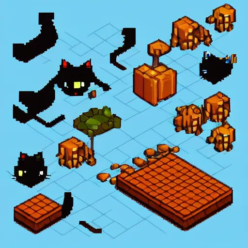 Prompt: 2 d isometric spritesheet of a black cat, all directions, high definition, 8 k, trending on itch. io, pixel art