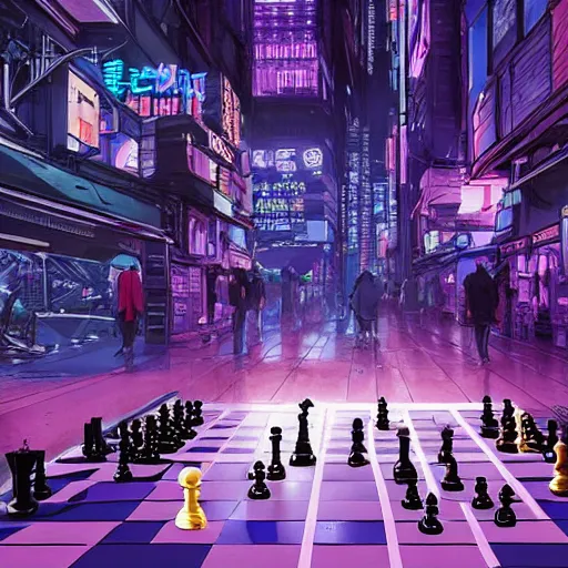 Image similar to high detailed person playing chess in a cyberpunk rainy city at night by josan gonzalez, purple and blue neons, unreal engine, high quality, 4 k, uhd, trending on artstation, wires, blade runner vibes, ghost in the shell, akira, dorohedoro