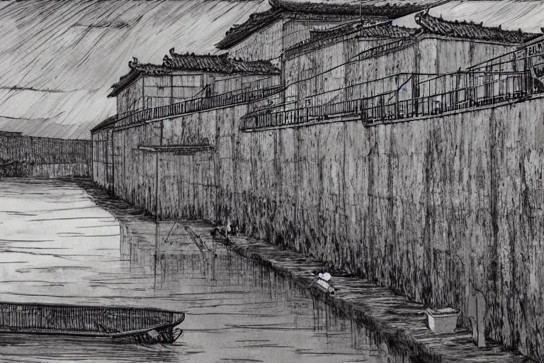 Prompt: a chinese prison by a river, by junji ito and peter doig, 4 k, very detailed