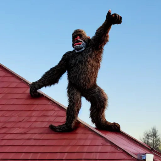 Image similar to bigfoot stomping on top of roof of clown van