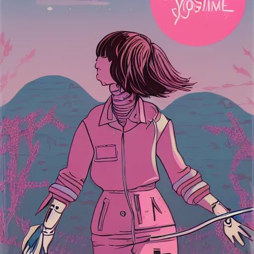 Image similar to a woman named yoshimi battles pink robots, illustrated, detailed