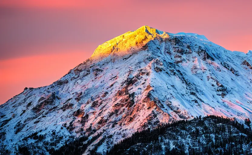 Image similar to professional photo of a snow topped mountain lit by the sunset