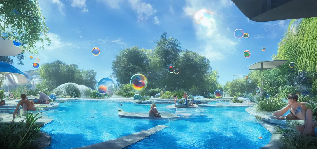 Image similar to view of a utopian outdoor solarpunk pool, empty, blue clear skies, waves, bubbles, reflections, refractions, caustics, dappled light, cinematic lighting, ultra detailed, sharp, ambient occlusion, raytracing, 3 d artstation render by greg rutowski, finnian macmanus and jessica rossier