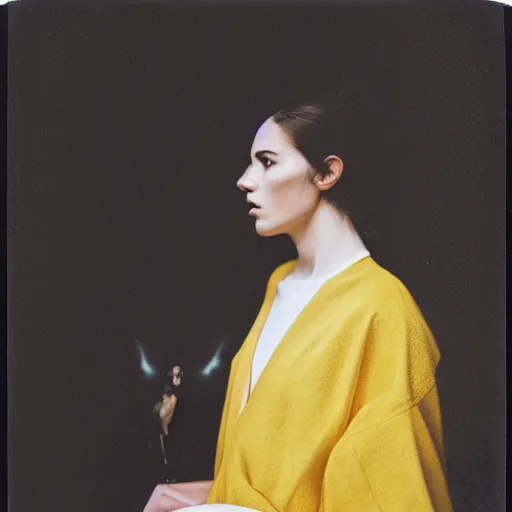 Image similar to head to shoulder portrait Polaroid film photograph of an elegant top model wearing a yellow kimono with a very detailed barn owl on her shoulder!!! in opera . looking at the camera!!. super resolution. Polaroid 600 film. art by Alessio albi and john william waterhouse.