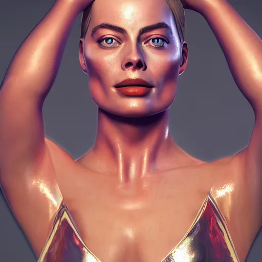 Image similar to shiny chrome skin Margot Robbie, photography, octane render