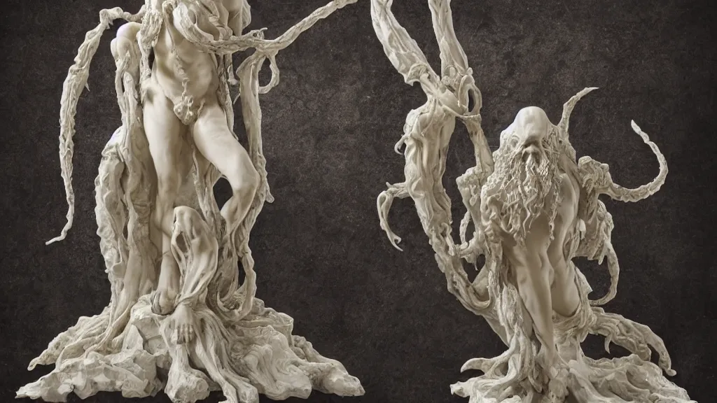 Image similar to cthulhu, an epic sculpture made of marble and ivory, by gustave dore, by emil melmoth, by alphonse mucha, hell, on a marble base standing in a large studio space, monumental, epic, rococo, detailed, intricate, volumetric lighting, realistic, octane render, 2 0 % pearlescent detailing