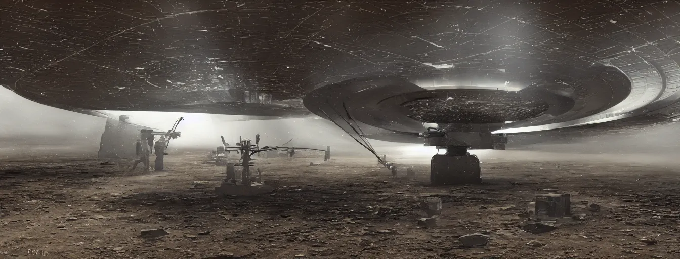 Prompt: engineer repairs special flying saucer full of modern military equipment, in the hall of area 55, high detail, ground fog, wet reflective ground, saturated colors, by James Paick, render Unreal Engine-H 704