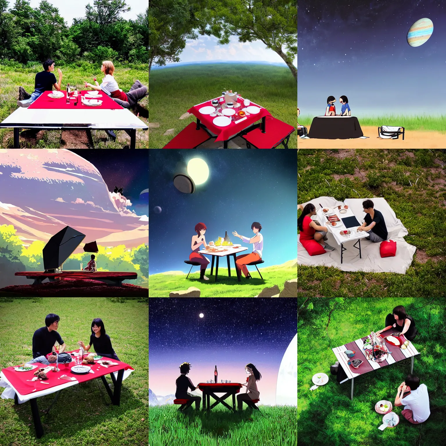 Prompt: two people stuck on a tiny asteroid overlooking a black hole after the destruction of earth space nebula stars makoto shinkai ecretion disc picnic table red and white table cloth short grass