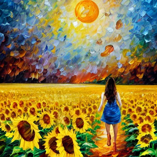 Image similar to a girl slowly walking through amazing tall sunflower field, her hair flowing down, subtle, intricate details, real masterpiece, oil on canvas, by leonid afremov