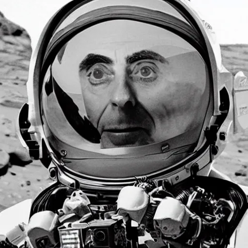 Image similar to perfect photo of carl sagan looking through visor of spacesuit, mars rover in background, detailed face