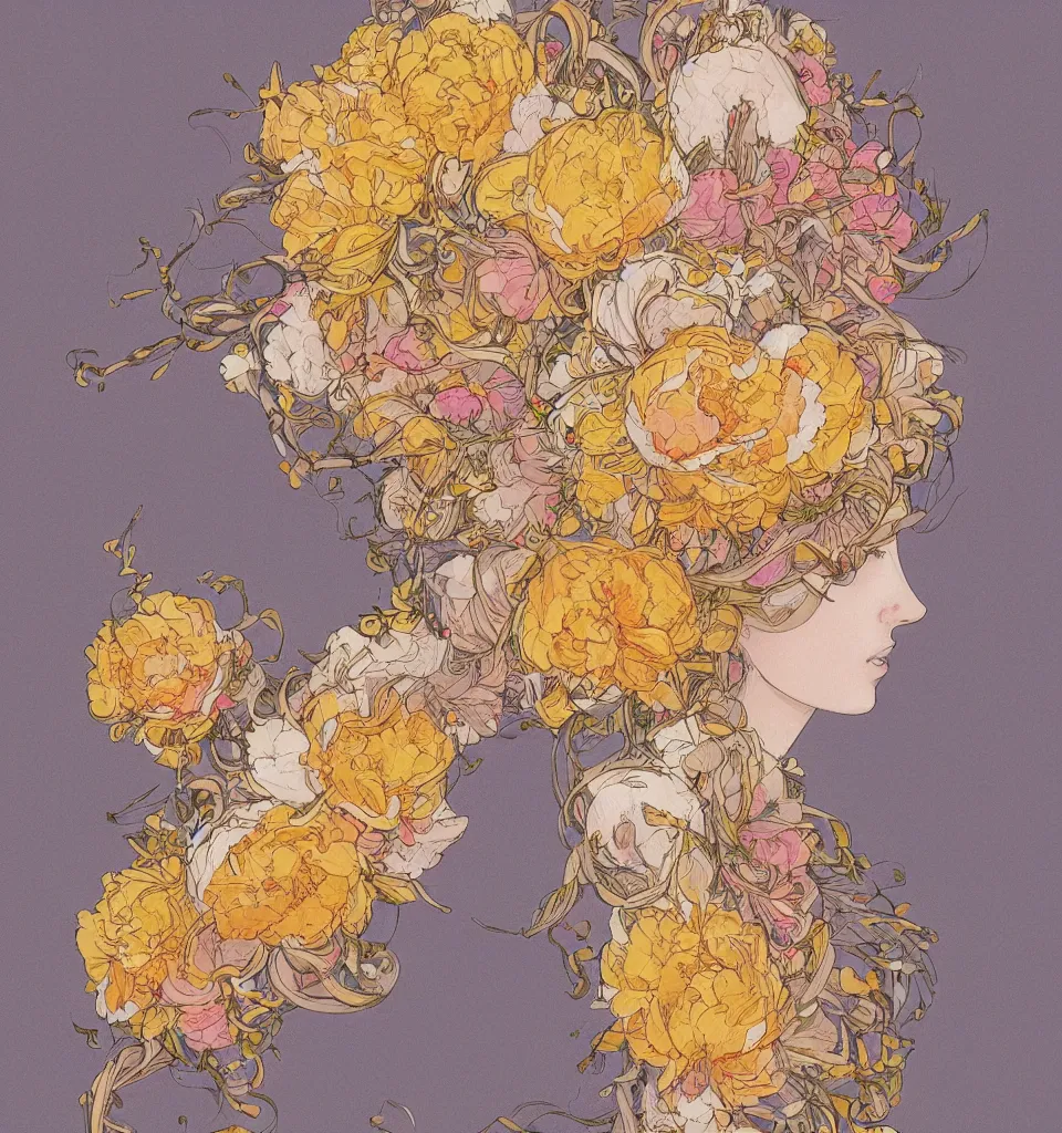 Prompt: illustration of a beautiful hairpiece made of yellow, cream, light orange and ivory flowers, peonies, in the style of james jean and moebius, pastel colors,