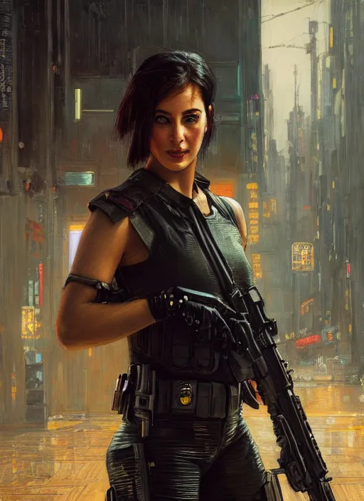 Image similar to 💃🏻. cyberpunk police trooper in a military vest ( blade runner 2 0 4 9, cyberpunk 2 0 7 7 ). orientalist portrait by john william waterhouse and james gurney and theodore ralli and nasreddine dinet, oil on canvas. cinematic, hyper realism, realistic proportions, dramatic lighting, high detail 4 k