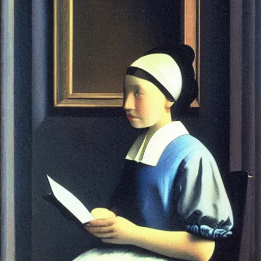 Prompt: a girl reading, old vintage photo by magritte, by vermeer,