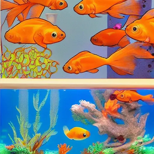 Image similar to beatiful aquarium full of cute beatiful goldfish, drawn by anime studio ghibli