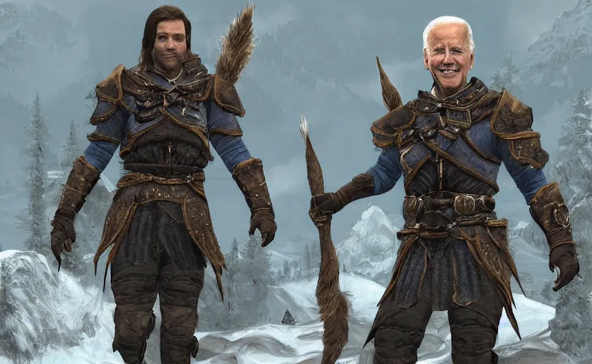 Prompt: joe biden in skyrim, a photorealistic painting