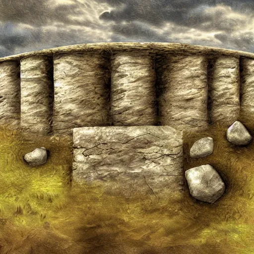 Prompt: a stone age fortress, digital art