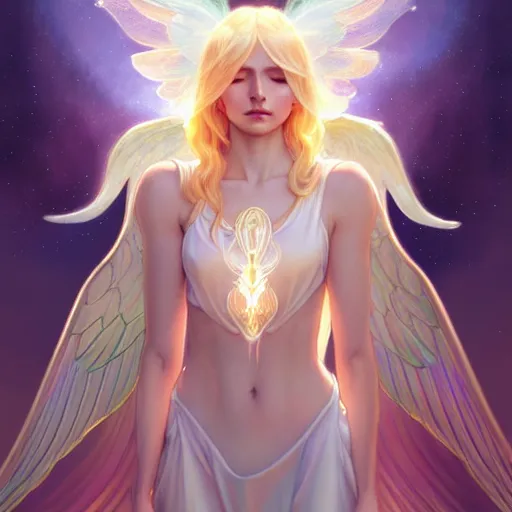 Prompt: Winged girl angel with blonde hair and glowing halo, iridescent, seraphim, fantasy, intricate, elegant, highly detailed, digital painting, artstation, concept art, smooth, sharp focus, illustration, art by Krenz Cushart and Wenqing Yan and Alphonse Mucha