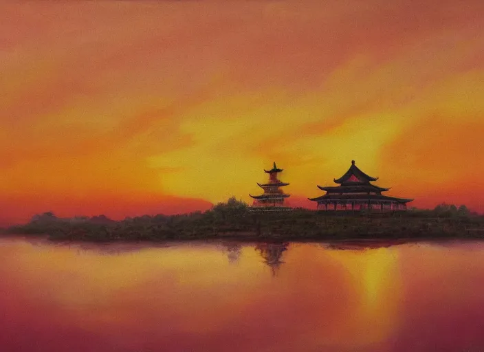 Image similar to an oil painting of a chinese temple floating among the clouds during a pink sunset