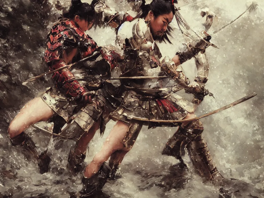 Image similar to close up of a samurai in full armor, training under a waterfall, by huang guangjian and gil elvgren, sachin teng, greg manchess