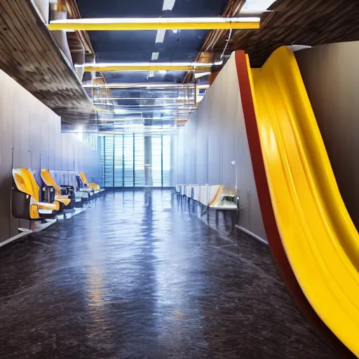 Prompt: waterslides between cubicles in an office, cinematic lighting, epic composition, highly detailed