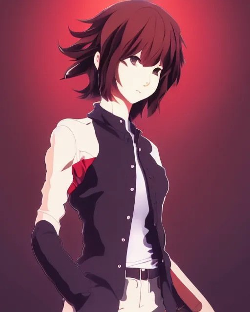 Prompt: makoto shinkai, artgerm, yoji shinkawa, ilya kuvshinov, beautiful anime woman, wearing full clothing, red shirt brown pants, clockpunk, black and red hair hair, symmetrical face, symmetrical eyes, full round face, short smile, detailed, summer setting, cinematic lighting