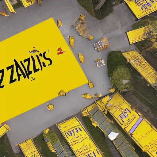 Image similar to a meeting of cat wizards dressed in yellow raincoats. A banner that reads 'Wiz Biz only, Fools' adorns the hall in which the meeting is happening. Hypermaximalistic, hyper detailed 4k resolution photo realistic