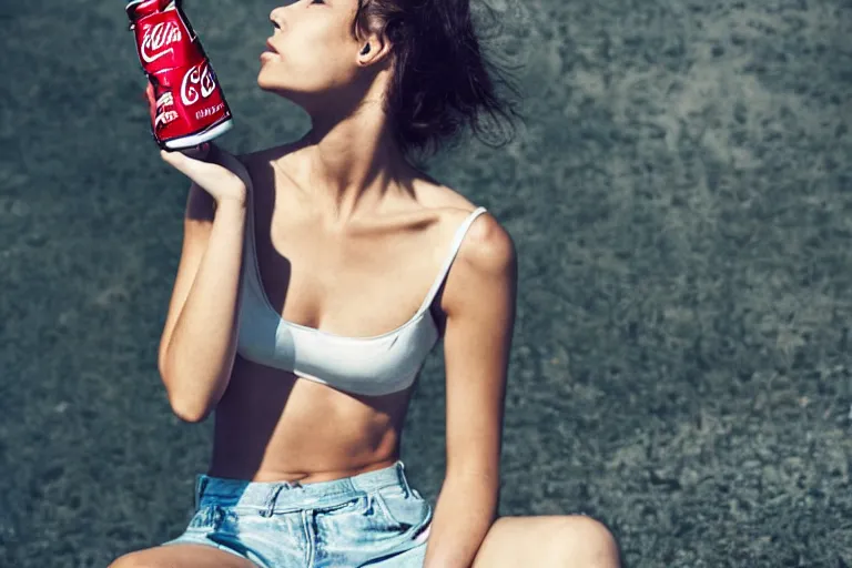 Prompt: beautiful summer fashion model woman drinking a Coca-Cola by Alessio albi