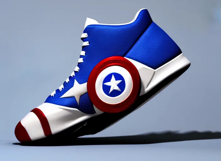 Image similar to basketball sneakers concept of captain america, picture by tim burton, render, cinema 4 d, octane render