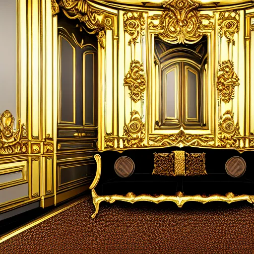 Image similar to parisian interior, dark walls, gold accents, interior design, thick carpet, hyperrealistic, hyperdetailed, super detailed, uhd, uhd, 8 k, high resolution,