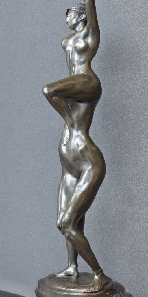 Image similar to detailed photo of old silver patina statue of most famous woman, full body portrait, various bending poses, photorealism, intricate detail, museum diffuse lighting