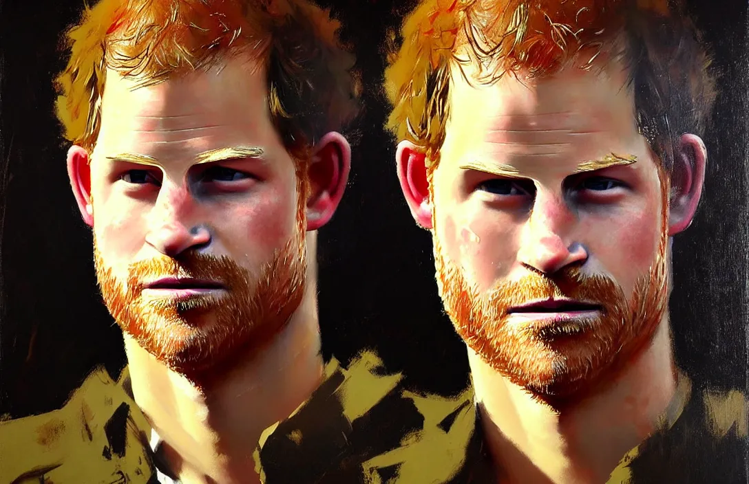 Image similar to portrait of prince harry!!!!!!!!!!!!!!!!!!!!!!!!!!!, detailed face, detailed painting, epic lighting, by ilya repin, phil hale and kent williams