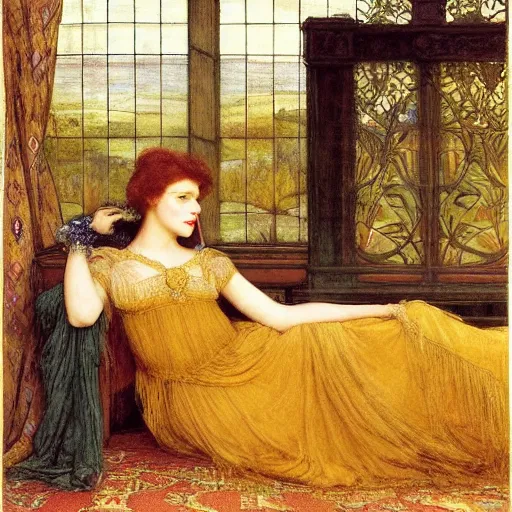 Prompt: preraphaelite photography reclining on bed, a hybrid of judy garland and a hybrid of madame de stael and eleanor of aquitaine, aged 2 5, big brown fringe, yellow ochre ornate medieval dress, john william waterhouse, kilian eng, rosetti, john everett millais, william holman hunt, william morris, 4 k