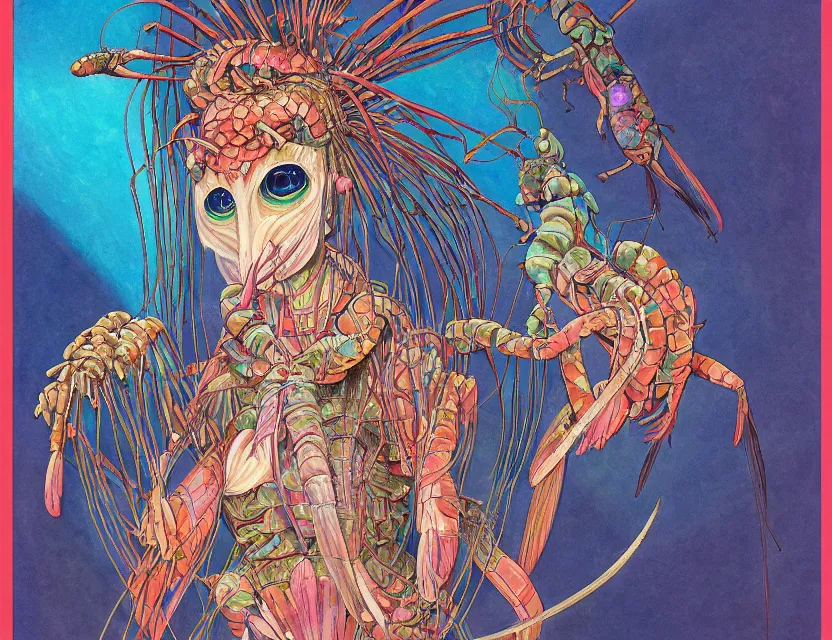 Image similar to priestess of mantis shrimp. gouache painting by award - winning mangaka, chiaroscuro, bloom, backlighting, intricate details