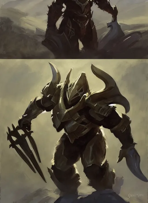 Image similar to Greg Manchess painting of a Zelda Charr from Guild Wars 2 wearing Forerunner Armor from Halo, countryside, calm, fantasy character portrait, dynamic pose, above view, sunny day, artwork by Jeremy Lipkin and Giuseppe Dangelico Pino and Michael Garmash and Rob Rey, very coherent asymmetrical artwork, sharp edges, perfect face, simple form, 100mm