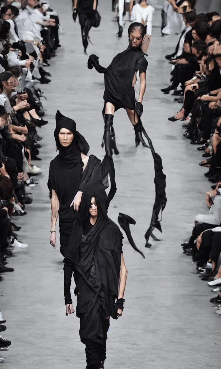 Prompt: a single beautiful model, Rick Owens look and clothes, there is only a single person in the entire image, avant garde fashion, Y3, trending on r/streetwear, fit pic, rule of thirds,