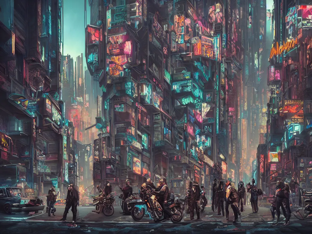 Prompt: a hyperrealistic matte painting of a cyberpunk gang on the streets of a lofty city, gritty, cyberpunk ads, piping, cables, art deco architecture, graffiti, fine detail, intricate, polished, blue color scheme, cinematic lighting, illustration, octane render, realism, by john smith, noriyoshi ohrai, trending on artstation