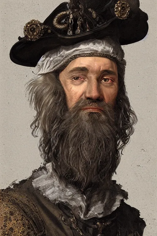 Image similar to portrait, headshot, digital painting, of a old 17th century, bearded cyborg merchant, amber jewels, baroque, ornate clothing, realistic, hyperdetailed, chiaroscuro, concept art, art by Franz Hals