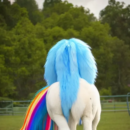 Image similar to 🐎🍑, Facing Away, Pegasus Rainbow Dash, light blue fur, cutie mark, rainbow tail, equine photography