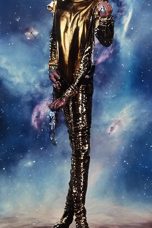 Image similar to portrait davis taylor brown dressed in 1 9 8 1 space fantasy fashion, heavy metal, shiny metal, standing in a desert