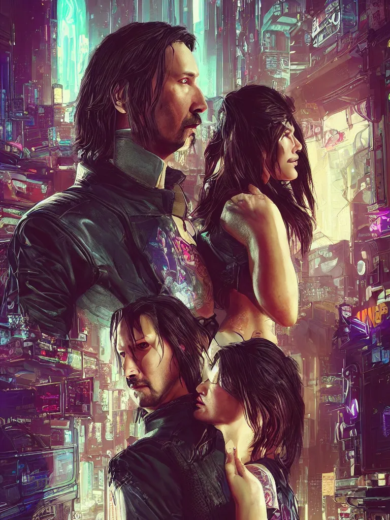 Image similar to a cyberpunk 2077 srcreenshot wedding couple portrait of Keanu Reeves and female android final kiss,love,film lighting,by Laurie Greasley,Lawrence Alma-Tadema,Dan Mumford,John Wick,Speed,Replicas,artstation,deviantart,FAN ART,full of color,Digital painting,face enhance,highly detailed,8K,octane,golden ratio,cinematic lighting