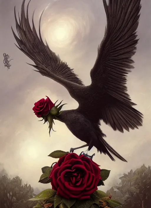 Image similar to the bird has grown its arms and is holding a rose, hyperrealism, no blur, 4 k resolution, ultra detailed, style of tyler edlin, tom bagshaw, arthur rackham, ivan shishkin