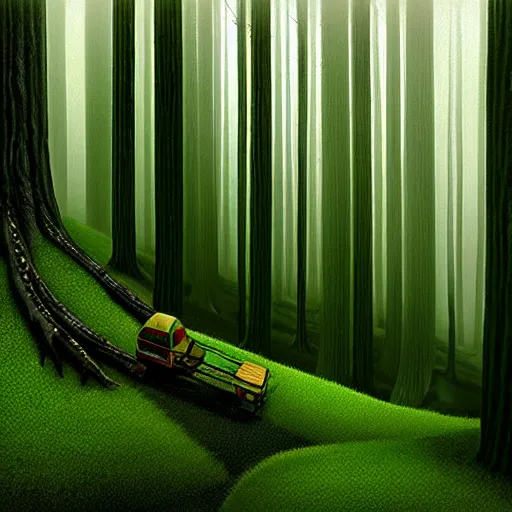 Prompt: treehut, redwood, moss, big forrest, by alex andreev, landscape, high contrast, digital